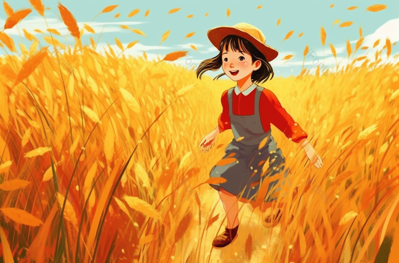 麦穗成熟下快乐的小女孩插画背景,插画/手绘图,插画/手绘图库,插画/手绘图下载,插画/手绘